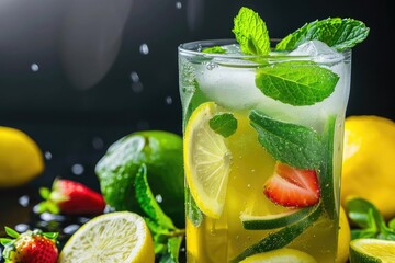 Wall Mural - Refreshing summer cocktail with fresh mint, lemon, lime, and strawberry garnish, perfect for a hot day. Vibrant colors and cool ice.