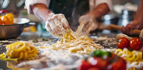 Wall Mural - Close up man's hands making homemade pasta on a black background