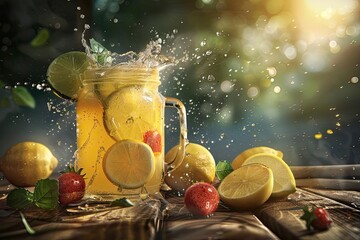 Wall Mural - Refreshing summer lemonade with fresh lemons, limes, and strawberries in a mason jar, beautifully lit against a natural outdoor background.