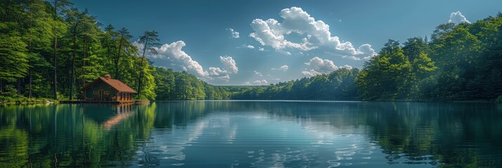 Poster - Tranquil Lake with a Cottage