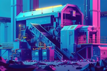 Poster - Picture shows a factory with a large machine at its center