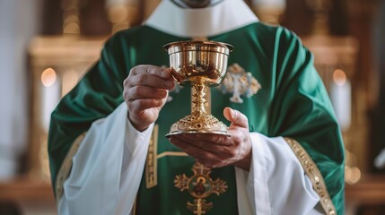 A priest in green vestments holds a golden chalice during a religious ceremony in a beautiful church. The setting is solemn and spiritual. Perfect for illustrating religious and spiritual themes. AI