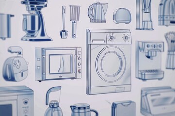 Wall Mural - A collection of home appliances mounted on a wall, suitable for use in interior design or decoration context