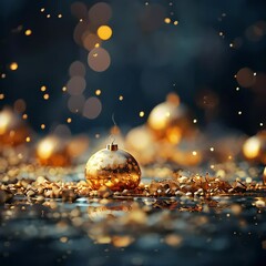 Wall Mural - Video of Christmas gold balls is surrounded by a pile of gold beads. The scene is set in a dark room with a blue background.