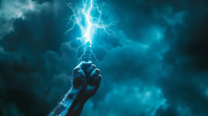 Lightning strikes a man's hand, close-up,AI