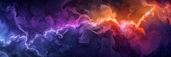 Wall Mural - A vibrant cosmic nebula with radiant colors of orange, purple, and blue, perfect for abstraction concepts.