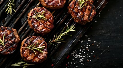 Wall Mural - Grilled seasoned steaks garnished with rosemary on a black grill surface. Perfect for BBQ themes, food blogs, and culinary visuals. Capturing the essence of grilling. Dark, rustic style. AI.