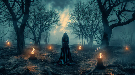 Wall Mural - Woman in Black Dress Stands in Foggy Forest at Night.