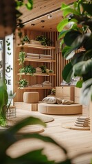 Cozy wooden interior with plants and towels displayed on shelves