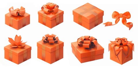 A collection of colorful orange gift boxes tied with ribbons and bows, ideal for packaging and wrapping gifts