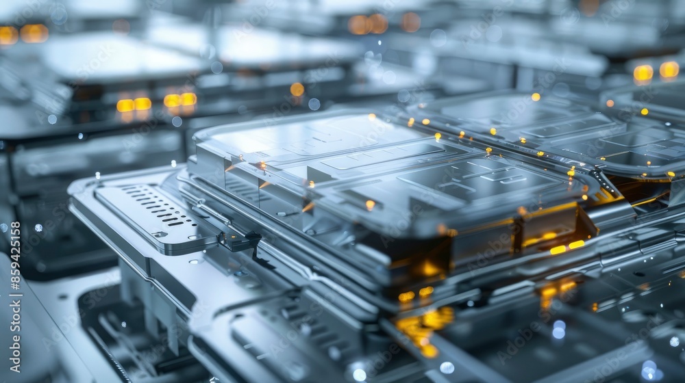 High-resolution image of an electric vehicle battery array with focus ...