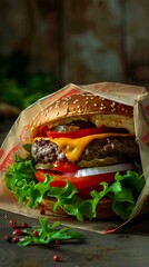 Wall Mural - Close-up of a juicy cheeseburger with fresh vegetables in paper wrapping, food photography concept
