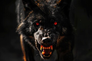 Wall Mural - A close-up shot of a black wolf's face with glowing red eyes