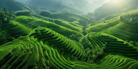 Wall Mural - Aerial View of Lush Green Rice Terraces
