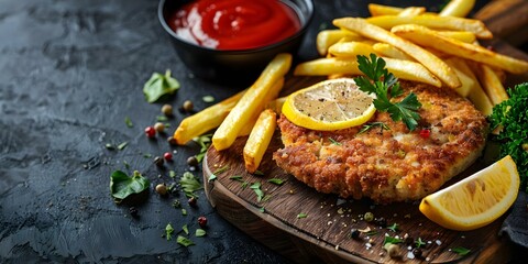 Wall Mural - Uruguayan Milanesa with Fries and Lemon on Wooden Board. Concept Food Photography, Uruguayan Cuisine, Crispy Milanesa, Side Dishes, Wooden Presentation Board