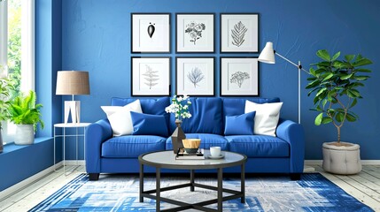 Poster - Modern living room with blue walls. Stylish blue sofa with white pillows and framed art on the wall. Cozy home decor with indoor plants and elegant furniture. Perfect for modern design inspiration. AI