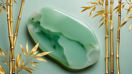 Poster - A smooth green jade stone sits against a light green background, surrounded by three golden bamboo stalks