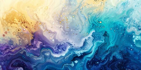 Wall Mural - Dynamic blend of turquoise, yellow, and purple creating liquid abstract patterns in fluid art design.