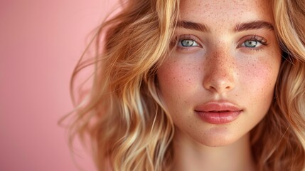 Poster - A stunning portrait of a young woman with natural freckles and mesmerizing eyes against a soft pink background. Her graceful expression and gentle features evoke a sense of serenity.