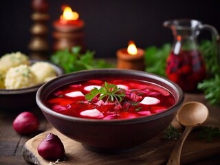 Wall Mural - Photo of traditional Ukrainian borscht, on the table, in a beautiful plate, red borscht