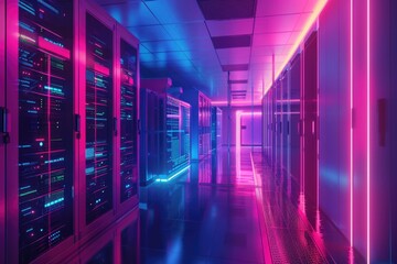 Poster - Rows of servers and neon lights in a data center hallway