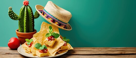 Poster - Traditional Mexican Nachos chips with beef, guacamole and salsa. Mexican Traditional Nachos isolated on Cactus and Sombrero hat background with copy space. Mexican Food Concept with Copy Space.