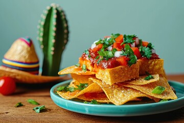 Wall Mural - Traditional Mexican Nachos chips with beef, guacamole and salsa. Mexican Traditional Nachos isolated on Cactus and Sombrero hat background with copy space. Mexican Food Concept with Copy Space.