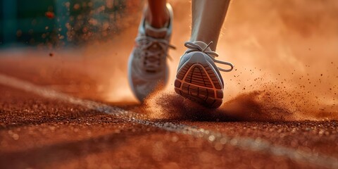 Poster - Closeup of racers sport shoe in dust on running track. Concept Sports Photography, Running Track, Close-up Shoe, Dusty Track, Action Shot