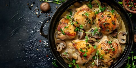 Wall Mural - Dutch Oven Chicken Fricassee with Wine Cream Sauce, Mushrooms, and Microgreens. Concept Chicken Fricassee, Dutch Oven Cooking, Wine Cream Sauce, Mushroom Recipes, Microgreens Recipes