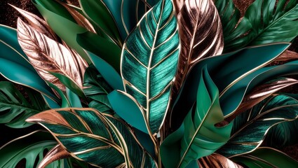 Wall Mural - A close up of tropical leaves with a metallic sheen