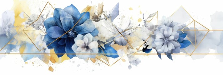 Wall Mural - Abstract luxury floral watercolor banner with elegance elements and splashes. Golden line with blue and gold flower decorated and line arrangement with white background. Elegant design concept. AIG35.