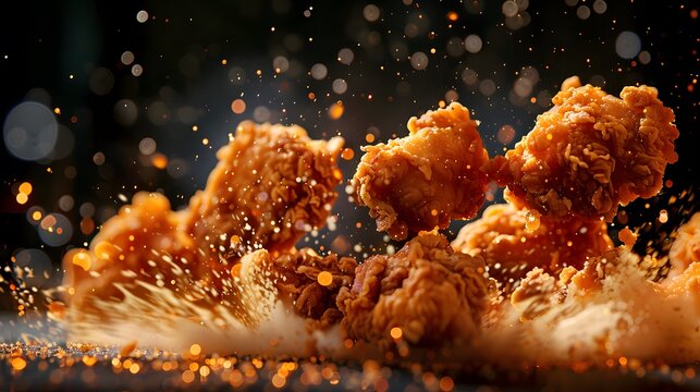 A photorealistic close-up of mouthwatering fried chicken pieces, sizzling with splashes and sparks against an abstract dark background.