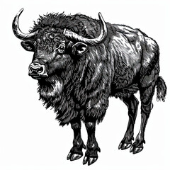 A black and white drawing of a bull with long horns