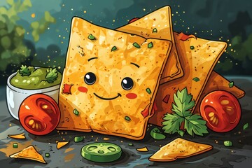 Wall Mural - Traditional Mexican Corn nacho chips. Traditional Mexican Nachos chips with beef, guacamole and salsa on  background with copy space. Mexican Food Concept with Copy Space.