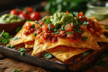 Wall Mural - Traditional Mexican Corn nacho chips. Traditional Mexican Nachos chips with beef, guacamole and salsa on  background with copy space. Mexican Food Concept with Copy Space.