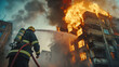 © mohammad - firefighters extinguish the burning building, large flames spread on the upper floors, Ai generated Images