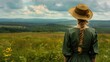 © Ева Поликарпова - A woman stands in a green field wearing a hat, great for outdoors or rural theme