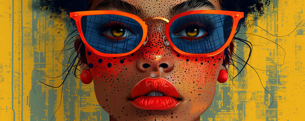 Wall Mural - A woman with red lips and orange glasses. The woman is wearing red lipstick and has a pair of orange sunglasses