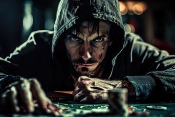 Wall Mural - A person wearing a hoodie plays a game of cards, focus on the hands and the excitement