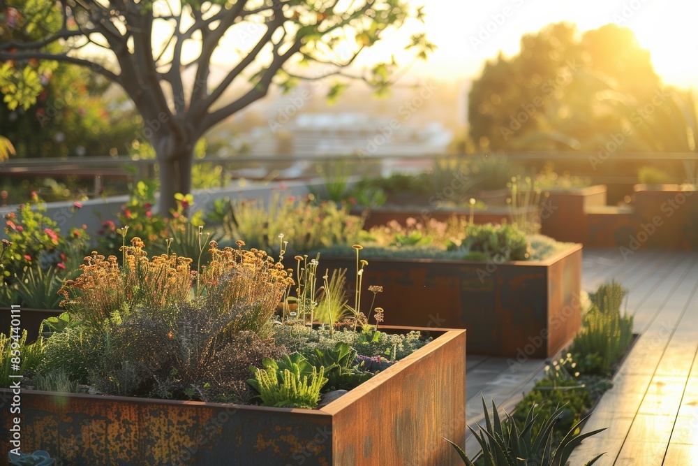 Beautiful urban rooftop garden at sunset featuring raised beds filled ...