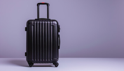 A black suitcase with a red handle sits on a table