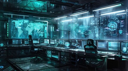 Wall Mural - Futuristic server room with multiple layers of cybersecurity measures in place
