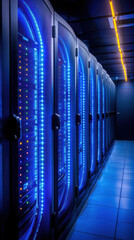 Wall Mural - A row of computer servers are lit up in blue