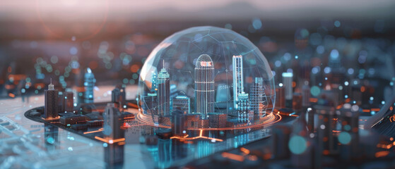 A futuristic city enclosed in a transparent dome, blending advanced technology with urban landscapes against a dawn sky, reflecting innovative city design.