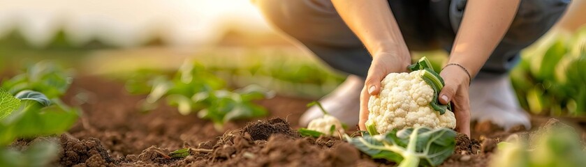 Hand picking fresh cauliflower in a garden.