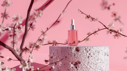 Canvas Print - Stone podium holding serum bottle with plum blossom branches pink backdrop