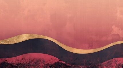 Canvas Print - Abstract wave painting featuring pink, black, and gold colors with a soft pink gradient background, black wave, and gold outline