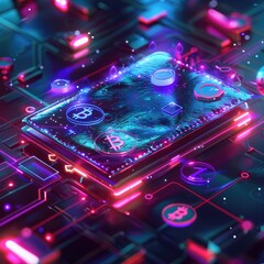 Poster - A digital wallet with holographic cryptocurrency icons swirling around it, set against a futuristic, neon-lit background. 