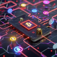 Poster - A modern and sleek CGI render of a digital wallet surrounded by a network of colorful, glowing cryptocurrency symbols. 