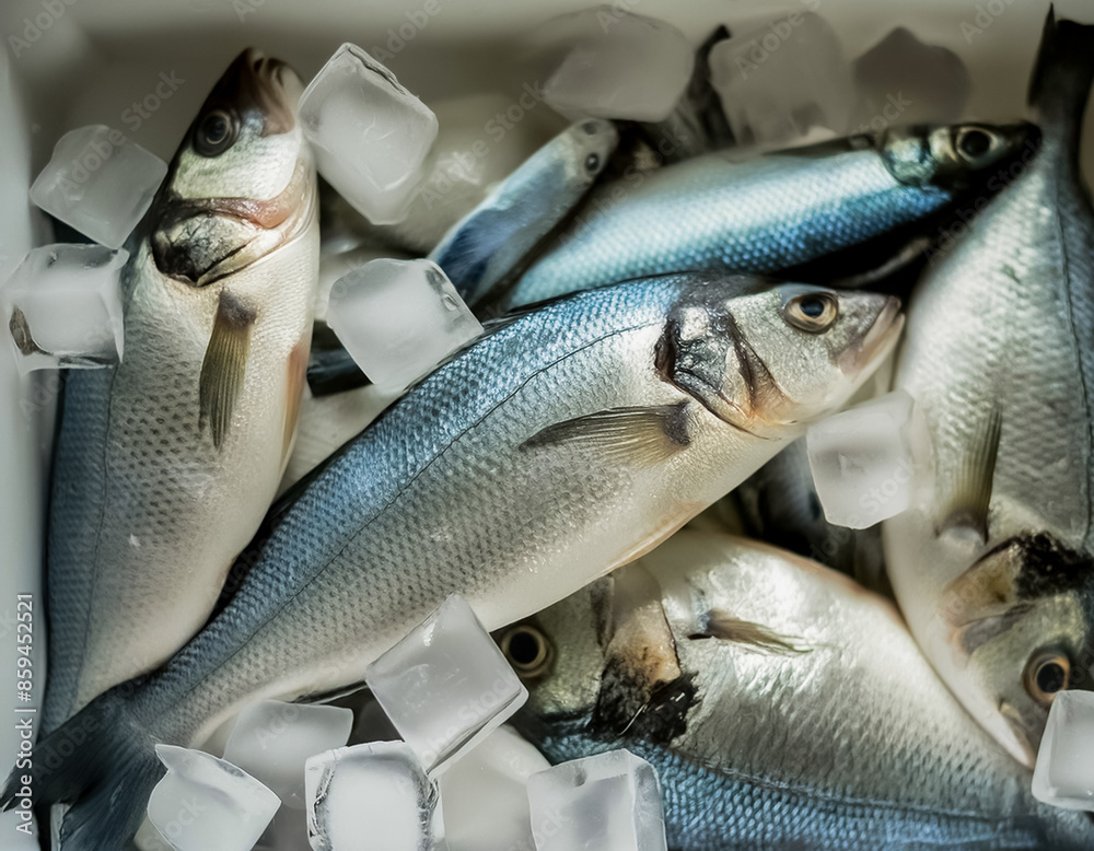 Frozen fresh fish among a pile of cold ice cubes. Fresh fish preserved ...